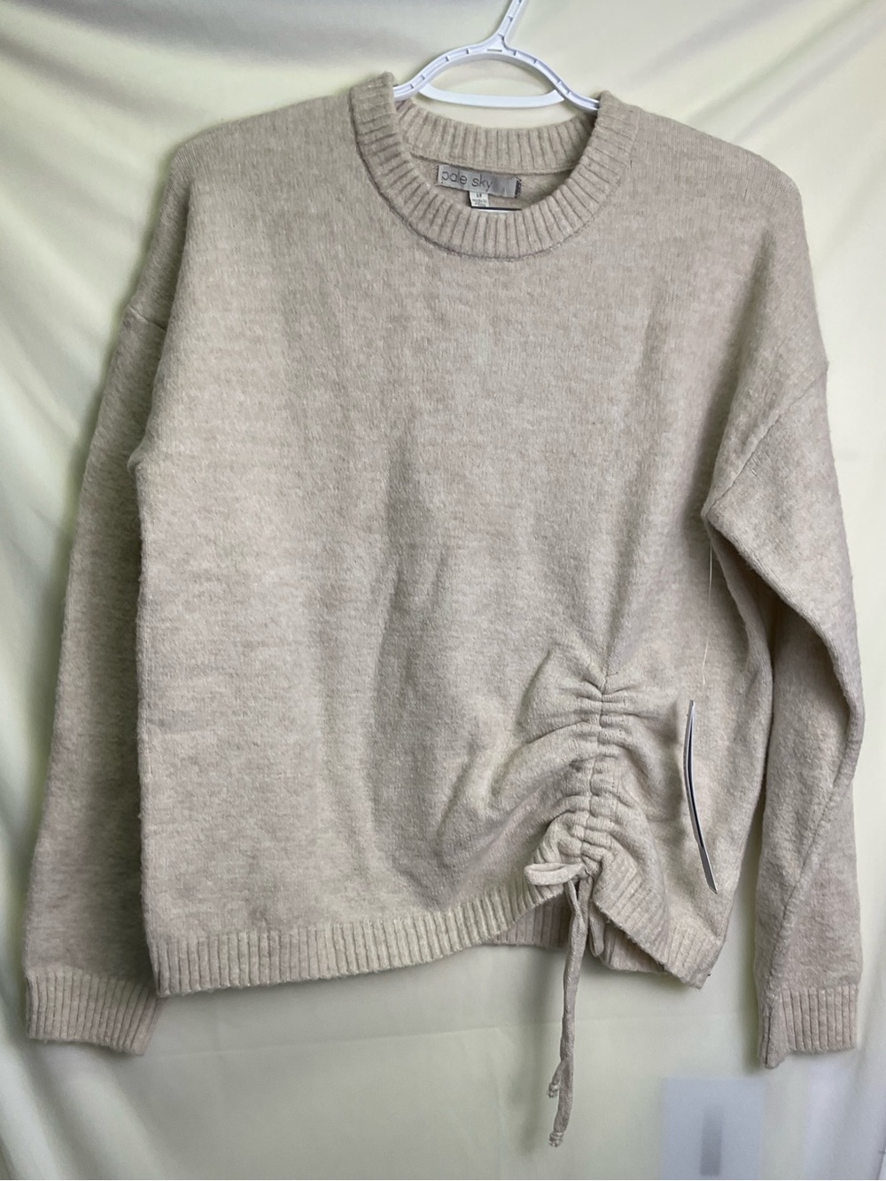 Pale Sky Side-Cinched Crewneck Sweater- Beige